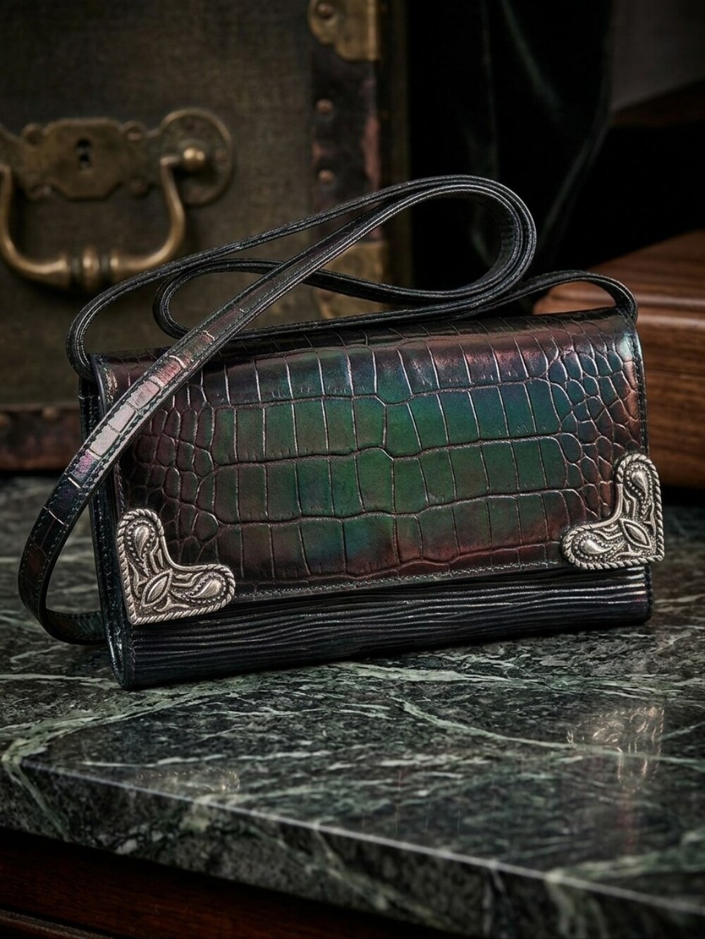 Croc-Embossed Leather Crossbody/Clutch/Wallet w/Western Heart Filigree Accents